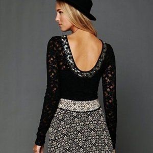 Free People Large black lace low scoop beaded top